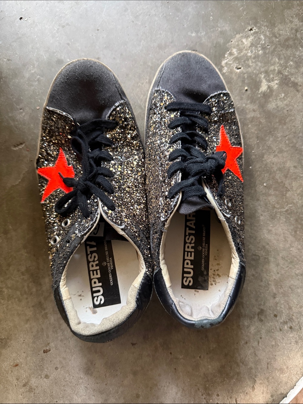 Golden doodle women’s  Black Glitter Sneakers with Red Star - Style